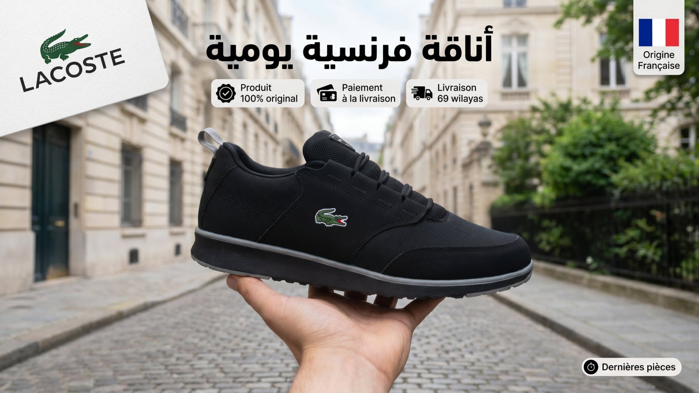 Black Lacoste sneaker held in a hand with a blurred street background